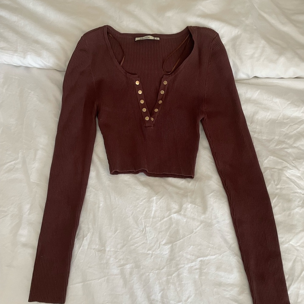 NEW 2Bella Brown Long Sleeve Ribbed Crop Top